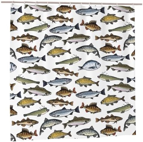 Yomane Fish Print Shower Curtain Set with 12 Hooks 72x72