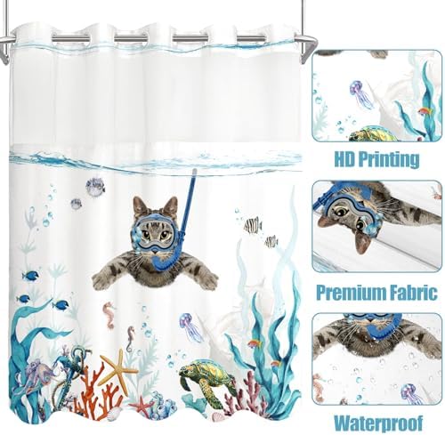 Fowocu Funny Cat Nautical Shower Curtain Set Teal Blue Ocean
