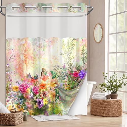 Tonmue Spring Summer Floral Hookless Shower Curtain Set 1