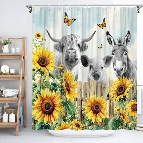 Rustic Cow Shower Curtain with Sunflower Floral Design