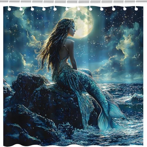 Fantasy Mermaid Shower Curtain with Hooks 70x70 Inch