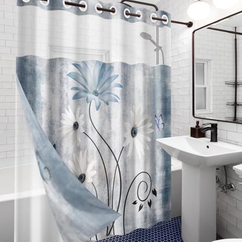 Nesphy Rustic Farmhouse Shower Curtain with PEVA Liner Set Blue Daisy Butterfly Style
