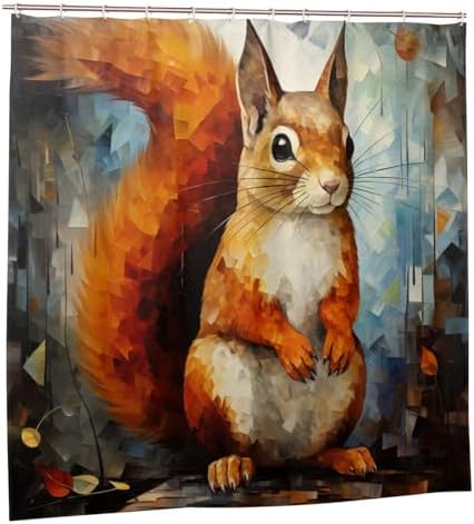 Squirrel Pattern Boho Style Shower Curtain Set with 12 Hooks 72x72in
