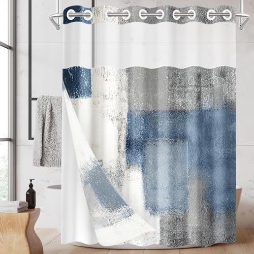 Nesphy No Hook Blue Grey Shower Curtain Set with Clear Top Window