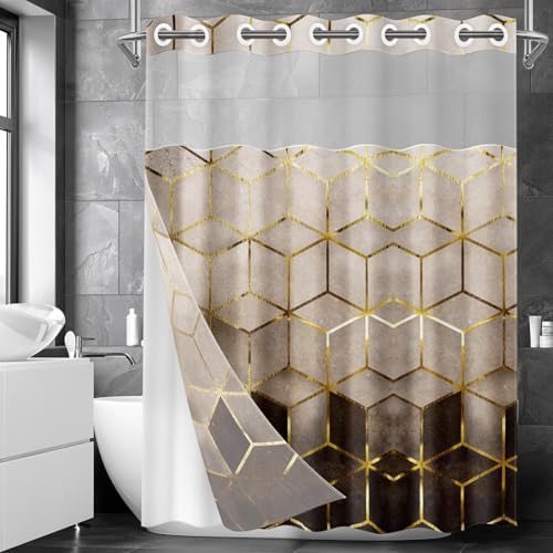 Britown Geometric Brown Gold Shower Curtain Set with Snap-in Liner