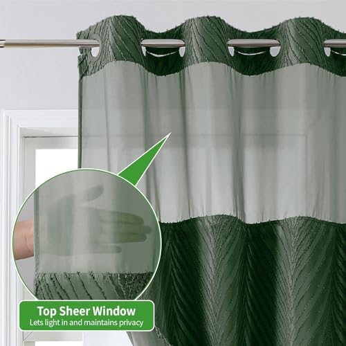 No Hook Dark Green Boho Shower Curtain Set with Snap Liner