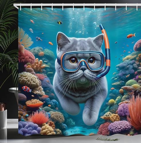 Ambesonne Funny Grey Cat Diving Ocean Shower Curtain Set