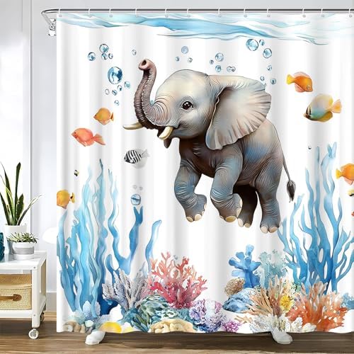 Funny Nautical Elephant Shower Curtain Set with Hooks 70x70