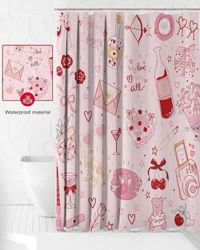 Pink Valentines Day Shower Curtain Set with 12 Hooks 72x72 Inches