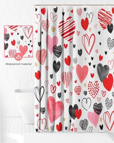 Valentines Day Red and Black Heart Shower Curtain Set with 12 Hooks