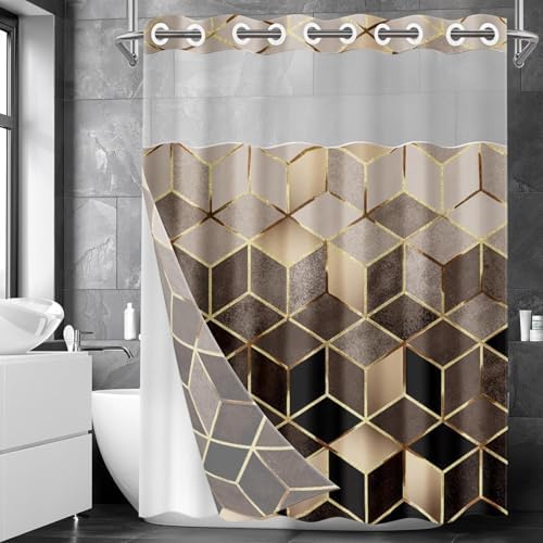 Nesphy No Hook Brown Shower Curtain Set with Clear Top Window