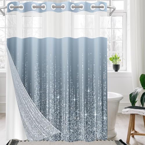 Nesphy No Hook Silver Dots Shower Curtain Set