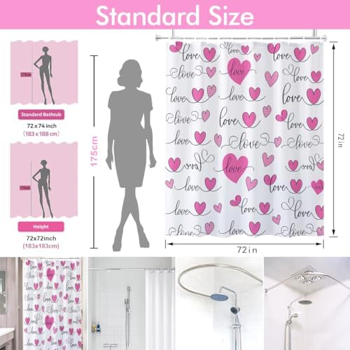 Modern Pink Heart Shower Curtain Set with 12 Hooks