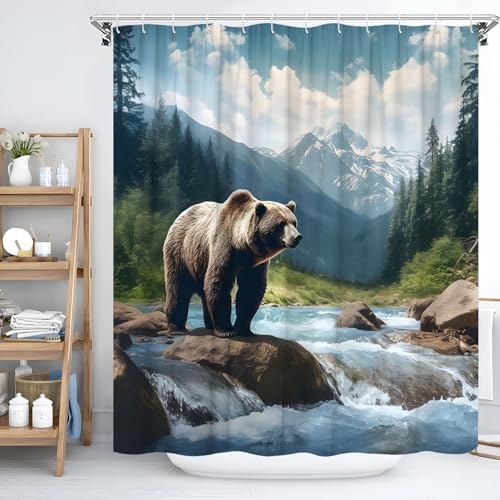 Forest Bear Shower Curtain with Hooks 70x70 Inch 1