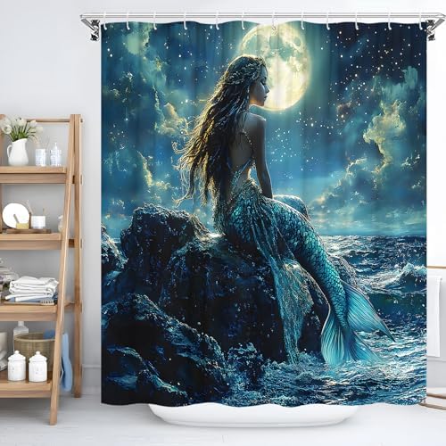 Fantasy Mermaid Shower Curtain with Hooks 70x70 Inch