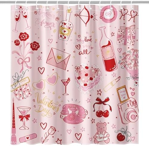 Pink Valentines Day Shower Curtain Set with 12 Hooks 72x72 Inches