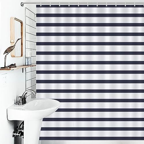 Navy Blue Summer Stripes Shower Curtain Set with 12 Hooks 60x72inch