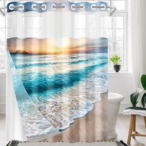 Nesphy No Hook Beach Shower Curtain Set 71x74 Inch