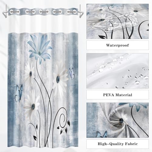 Nesphy Rustic Farmhouse Shower Curtain with PEVA Liner Set Blue Daisy Butterfly Style