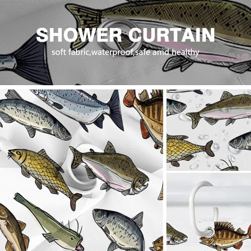 Yomane Fish Print Shower Curtain Set with 12 Hooks 72x72