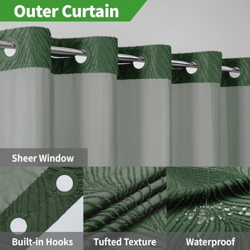 No Hook Dark Green Boho Shower Curtain Set with Snap Liner