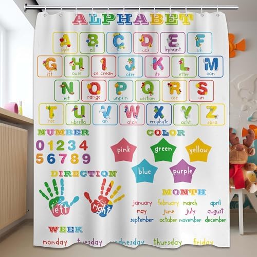 ABC Learning Shower Curtain for Kids 70x72 inch Waterproof with Hooks