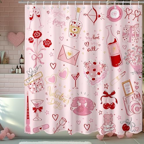 Pink Valentines Day Shower Curtain Set with 12 Hooks 72x72 Inches