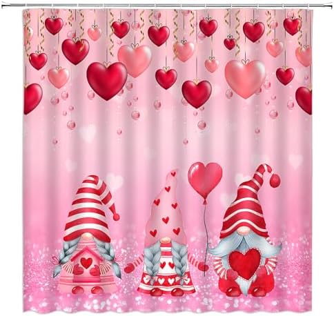 Valentines Day Gnome Shower Curtain Set with Hooks 70x70