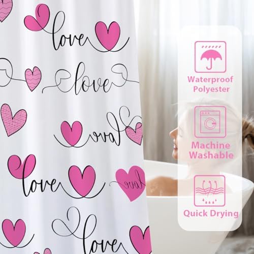 Modern Pink Heart Shower Curtain Set with 12 Hooks