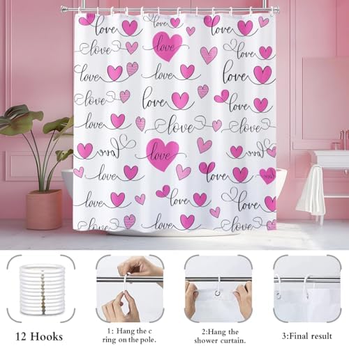 Modern Pink Heart Shower Curtain Set with 12 Hooks