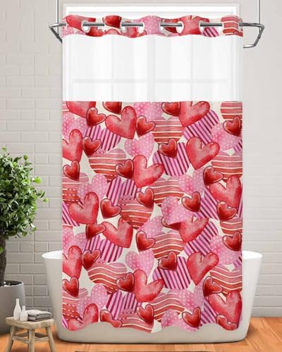 PIEPLE No Hook Shower Curtain Set with Snap Liner - Pink Red Heart Design
