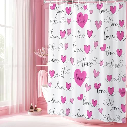 Modern Pink Heart Shower Curtain Set with 12 Hooks