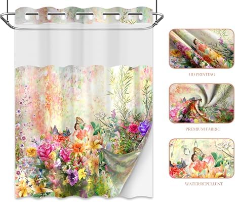 Tonmue Spring Summer Floral Hookless Shower Curtain Set 1