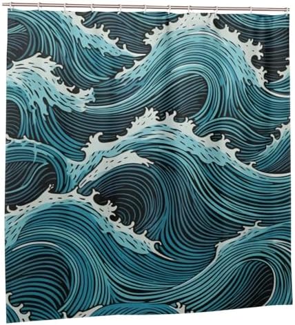 Blue Wave Boho Shower Curtain Set with 12 Hooks 72x72in