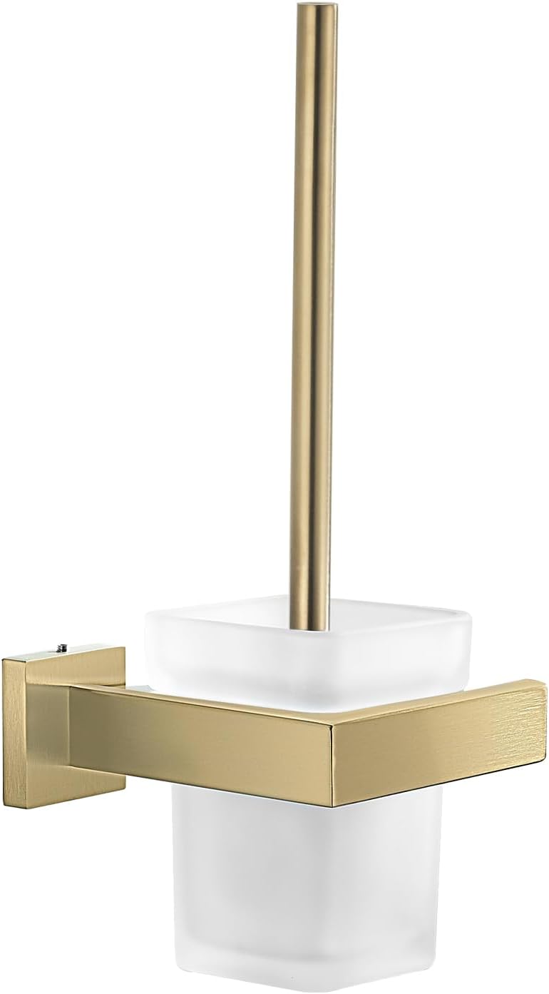 TINYROW Glass Toilet Brush with Holder Wall Mounted Brushed Gold