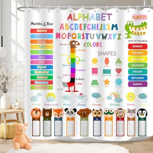 ABC Educational Shower Curtain with Hooks for Kids
