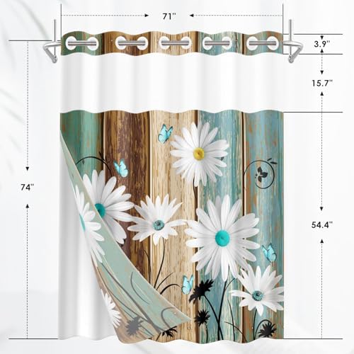 Nesphy Farmhouse Shower Curtain Set with Snap Liner White Daisy Butterfly Design