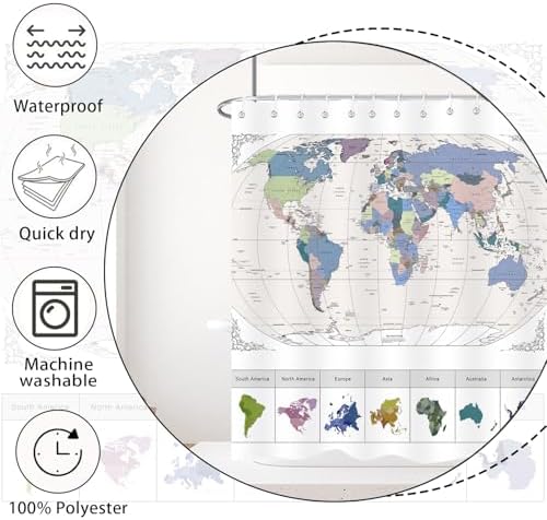 iTapnoom World Map Shower Curtain with 12 Hooks