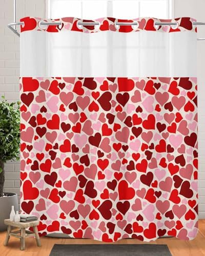 No Hook Shower Curtain with Snap Liner Set 72x78 Red Pink Heart Design