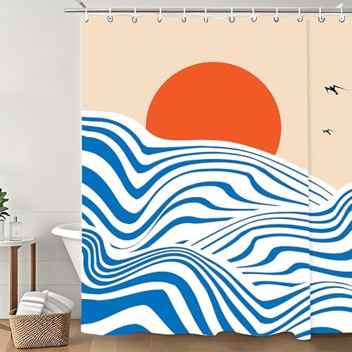 Ocean Waves Shower Curtain with Hooks 72x72 Inch