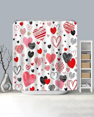 Valentines Day Red and Black Heart Shower Curtain Set with 12 Hooks