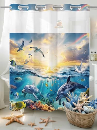 No Hooks Shower Curtain Set 72x72 with Dolphins Liner 1