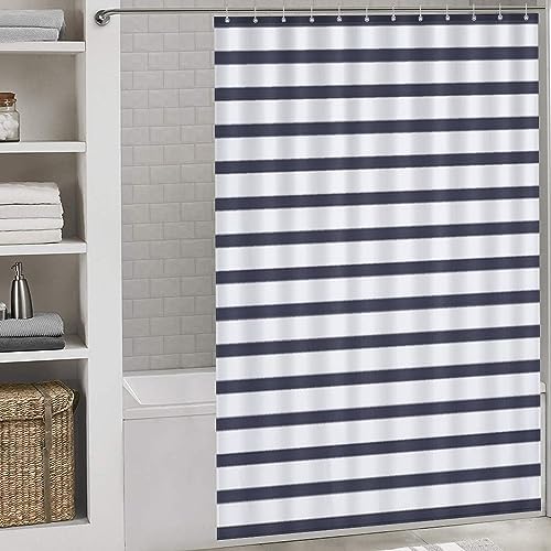 Navy Blue Summer Stripes Shower Curtain Set with 12 Hooks 60x72inch