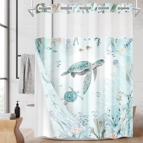 Nesphy Nautical Blue Sea Turtles Shower Curtain Set with Snap Lining