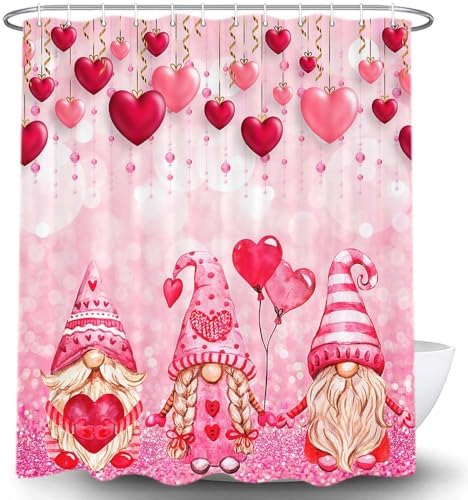 Valentines Day Gnome Shower Curtain with Glitter Love Heart Design