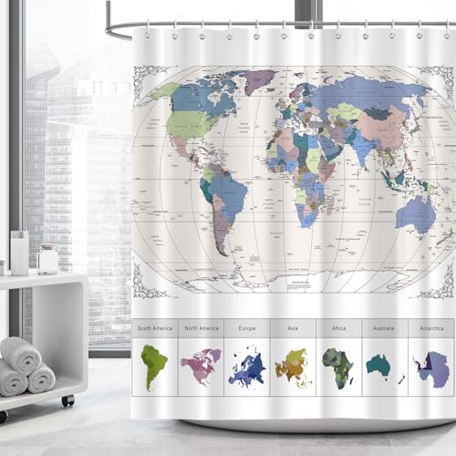 iTapnoom World Map Shower Curtain with 12 Hooks
