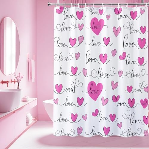 Modern Pink Heart Shower Curtain Set with 12 Hooks