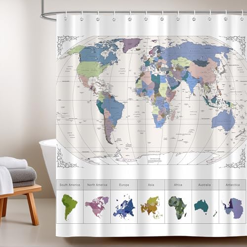 iTapnoom World Map Shower Curtain with 12 Hooks