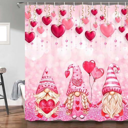 Valentines Day Gnome Shower Curtain with Glitter Love Heart Design