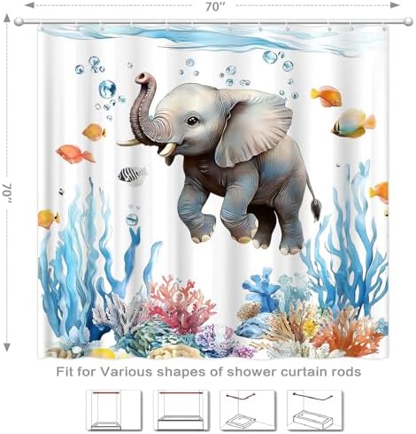 Funny Nautical Elephant Shower Curtain Set with Hooks 70x70